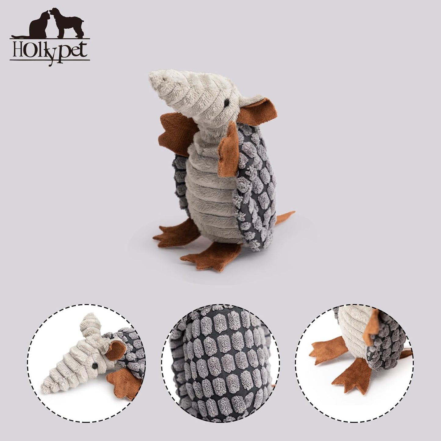 Hollypet Plush Dog Squeaky Toy Stuffed Armadillo Animal Pet Puppy Chew Toys with Clean Teeth for Small Medium Large All Breed Sizes Dogs, Dark Gray, 6 in