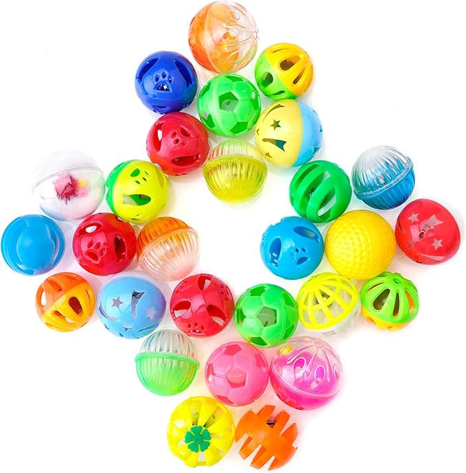 CHIWAVA 48 Pack Plastic Noisy Cat Toy Balls with Bell Kitten Chases Toy 8 Type Assorted Color Size