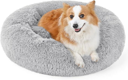 rabbitgoo Calming Dog Bed for Small Medium, 30 inches Pet Bed Machine Washable, Non-Slip Round Fluffy Plush Faux Fur Large Cat Cushion, Soft Donut Cuddler Cushion for Small Dogs, Light Grey