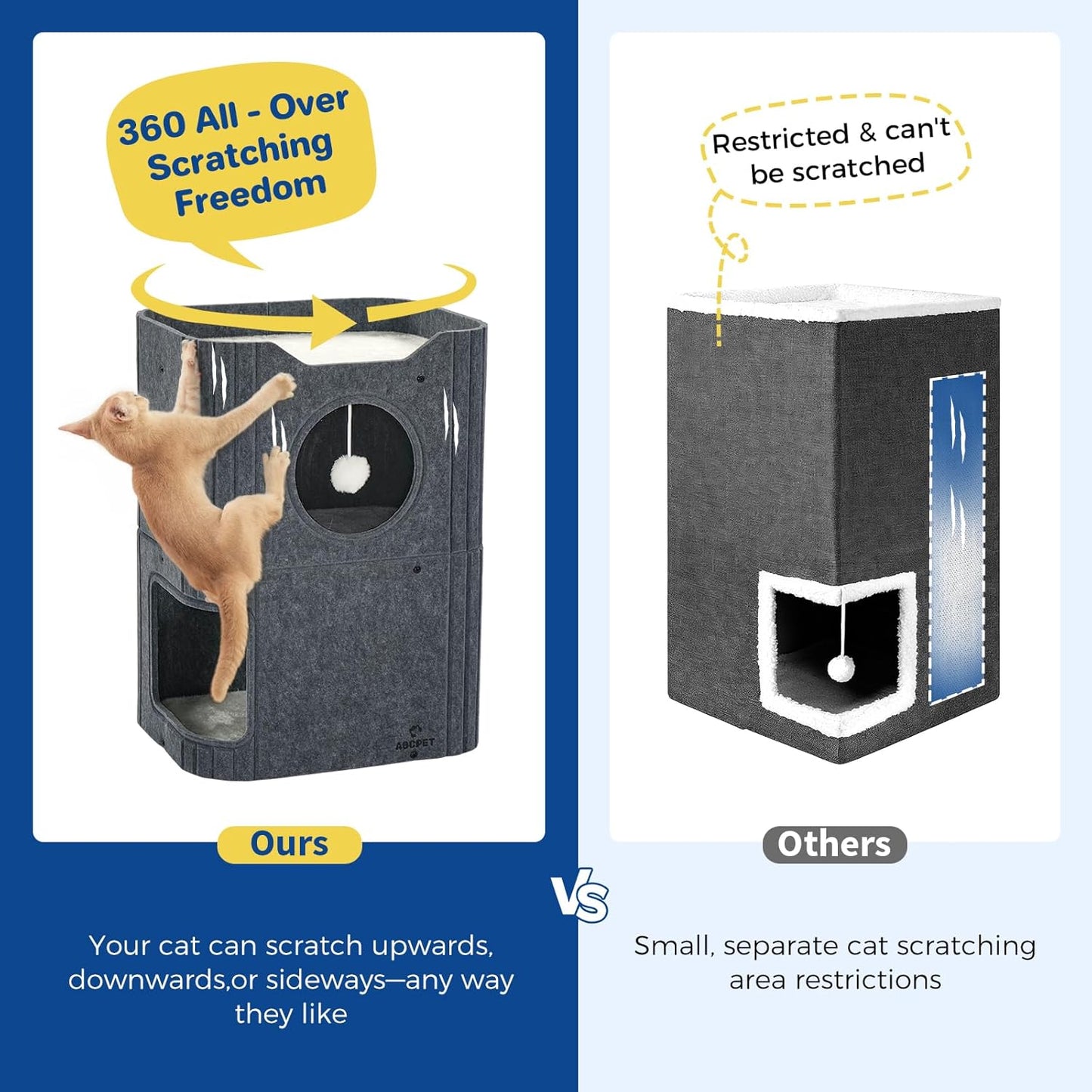 Cat House for Indoor Cats Large Cat Bed Cave 2-Storey Cats Condo with Cozy Felt Covered Hideaway for Multiple Pets Dark Grey