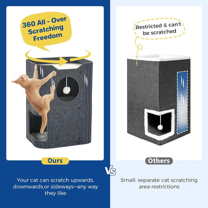 Cat House for Indoor Cats Large Cat Bed Cave 2-Storey Cats Condo with Cozy Felt Covered Hideaway for Multiple Pets Dark Grey