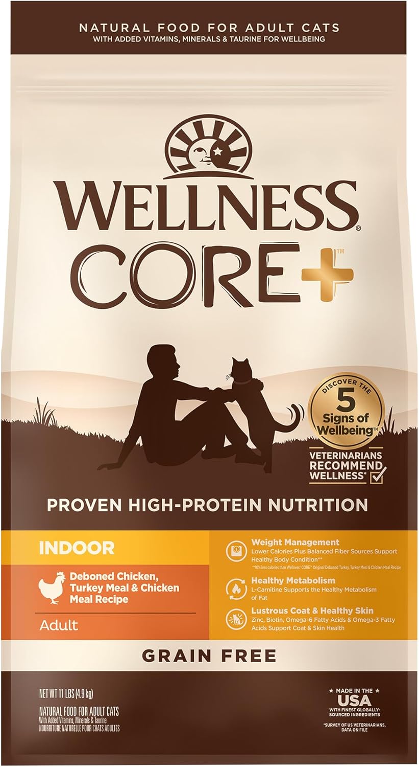 Wellness CORE+ Adult Dry Cat Food for Indoor Cats, Grain Free, Natural, Chicken, Turkey & Chicken Meal (11 Pound Bag)