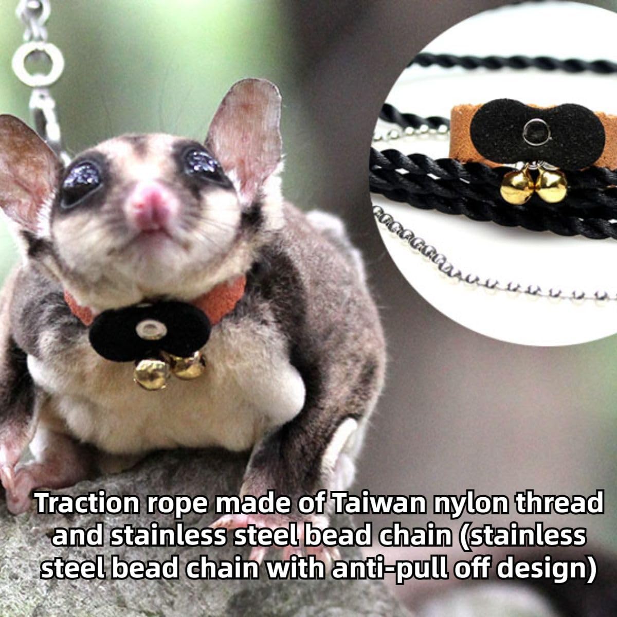 Sugar Glider Traction Rope Strap Anti-Biting Chain Rope, Small Animal Walking Collar Harness with Lead Leash for Hamster Gerbil Rat Mouse Ferret Chinchilla Squirrel (Black with Blue)