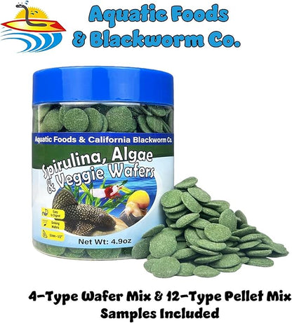 Aquatic Foods Inc. 12mm - 1/2" Small Sinking Wafers of Spirulina, Algae & Veggies for Plecos, Catfish, Shrimp, Snails, Crabs, Crayfish, 12-Type Pellet Mix & 4-Type Wafer Mix Included..4.9oz Canister