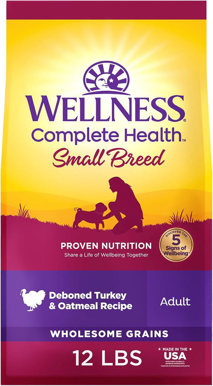 Wellness Complete Health Small Breed Adult Dry Dog Food with Grains and Real Turkey, Natural Ingredients, Omega Fatty Acids, and Probiotics, Made in USA (12-Pound Bag)”