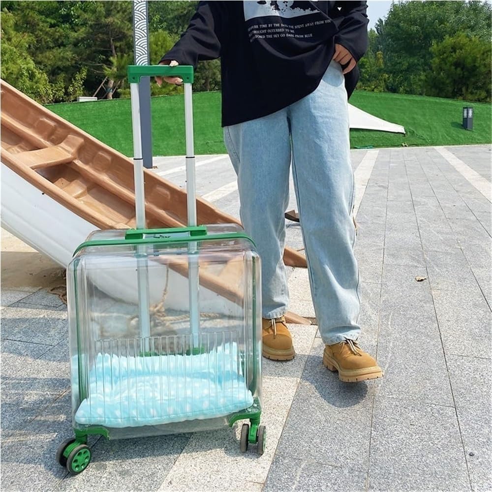 Rolling Pet Trolley Case, Portable Hard Shell Pet Carrier, Clear Plastic Cat Travel Box, Suitable for Cats and Dogs(Green,11.4 * 15.4 * 16.1in)