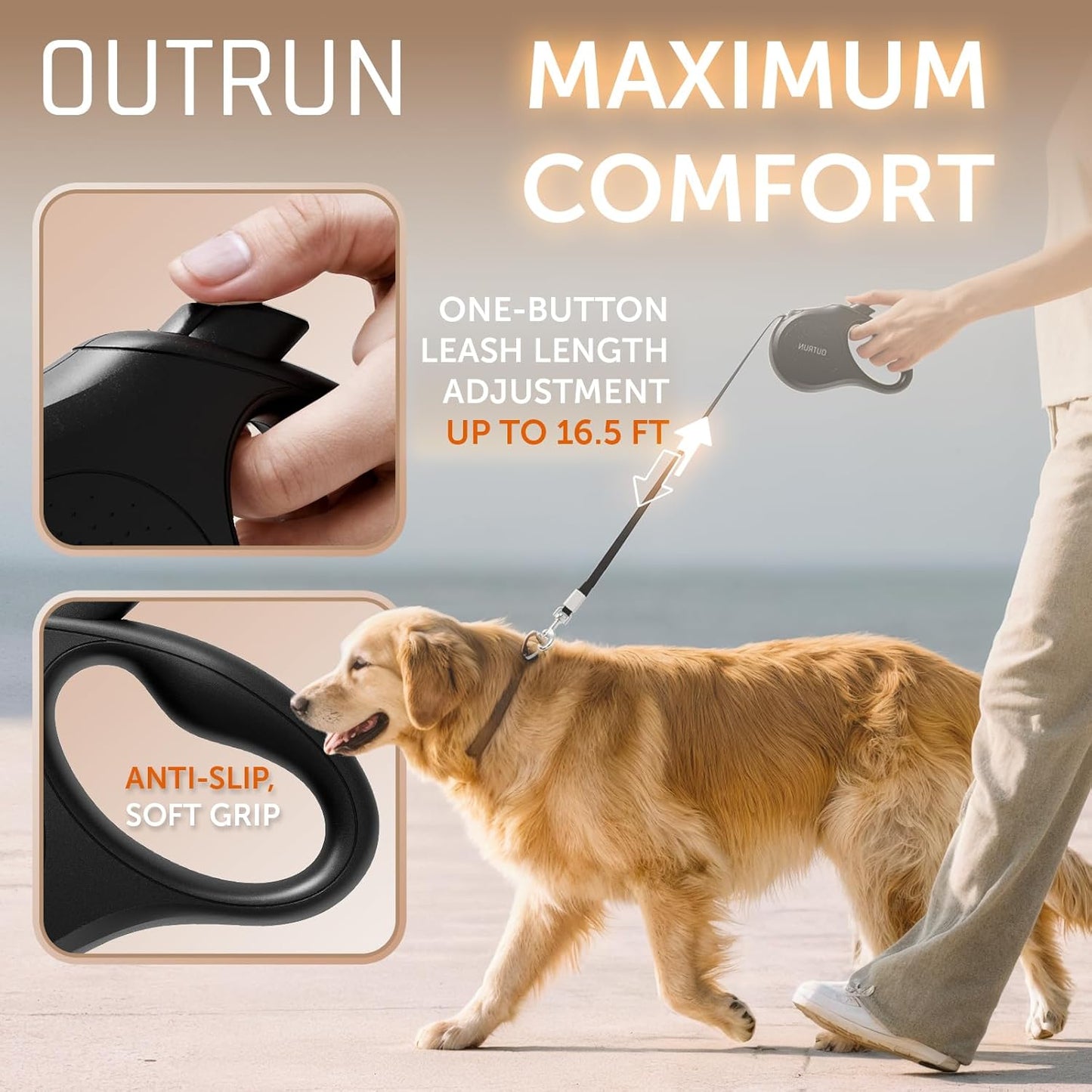 OUTRUN Retractable Dog Leash 16 FT Walking Leash up to 55 Lbs, Strong Nylon Tape No Tangle, Heavy Duty One-Handed Brake Lock Perfect for Small & Medium Sized Dogs and Pets
