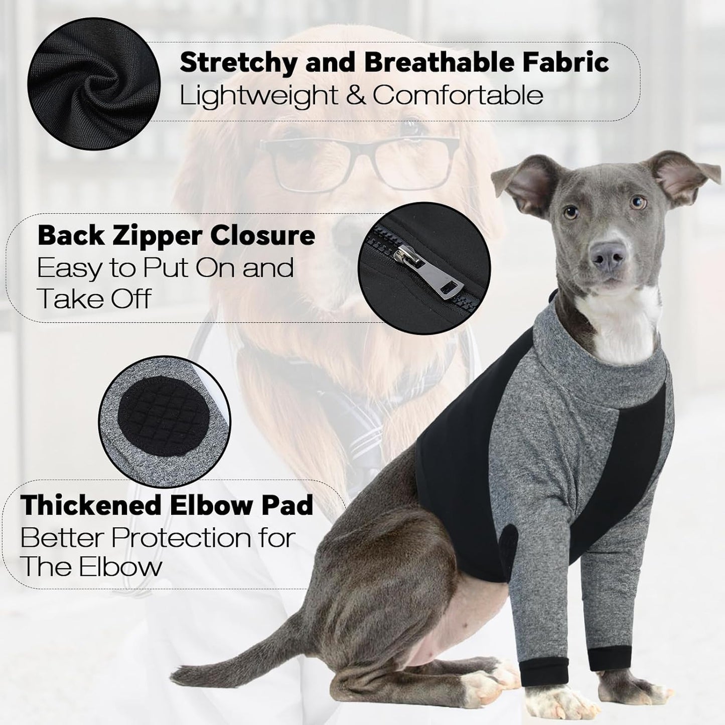 LeLePet Dog Recovery Suit for Front Legs, Dog Sleeve to Stop Licking, Elbow Protector for Leg Injuries Shoulder Wounds After Surgery Male Female,Zippered Long-Sleeved Shirt Cone Alternative(S-3XL)