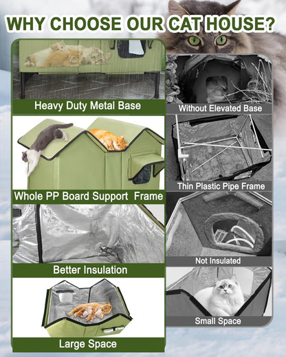 Extra Large Heated Cat House for Outside in Winter, Elevated Heated Outdoor Cat House Weatherproof with Heating pad, Insulated Outdoor Cat Shelter for Multiple Cats Small Dogs(Green)