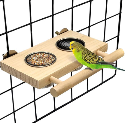 Tfwadmx Bird Feeding Dish Cups with Wooden Platform Hanging Stainless Steel Parrot Cage Feeder Bowl Wood Perch Stand for Parakeet Cockatiels Lovebirds Budgie (Small)