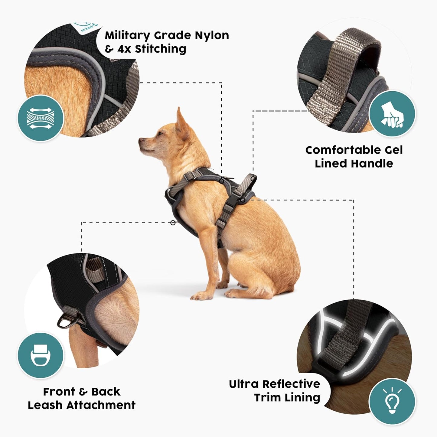 Embark Adventure Dog Harness, Reflective Trim XL Harness for Extra Large Dogs No Pull - Military Grade Nylon, 2 Leash Clips & Gel Lined Handle. Soft & Padded Puppy Dog for Any Breed
