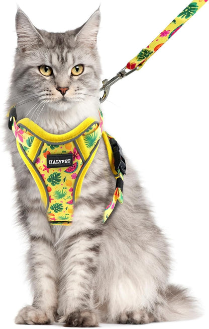 Halypet Cat Harness and Leash Set for Walking, Escape Proof Adjustable Vest Harness with 3-in-1 Integrated Buckles, Easy Control Soft Breathable Mesh with Reflective Strips for Cats, M, Bright Yellow