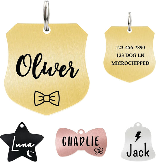 Ultra Joys Cat ID Tag Personalized Pet Tags, Durable Stainless Steel Small Pet Mini Dog Cat Tag Lightweight - Shield Tag in Gold