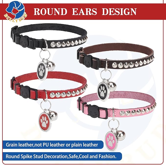 Leather Personalized Breakaway Cat Collar with Studded Bell and Safety Quick Release Buckle - Rivets Studded ID DIY Collars for Boy Girl Cats Kittens, 9" - 11.5" Red