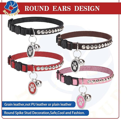 Leather Personalized Breakaway Cat Collar with Studded Bell and Safety Quick Release Buckle - Rivets Studded ID DIY Collars for Boy Girl Cats Kittens, 9" - 11.5" Red