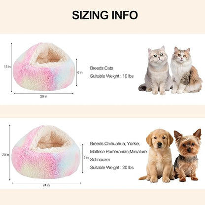 Calming Dog Beds & Cat Cave Bed with Hooded Cover,Removable Washable Round Beds for Small Medium Pets,Anti-Slip Faux Fur Fluffy Coved Bed for Improved Sleep,Fits up to 15/25 lbs(Colorful,S)