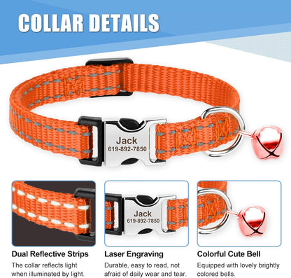 Personalized Reflective Nylon Cat Collar with Name Tag - Custom Engraved Buckle Kitten Collars for Girl Boy Cats - Adjustable from 7.5'' to 12.0'' - Includes Bell and ID Tag