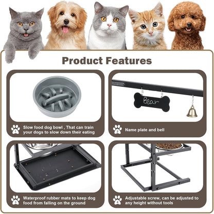Elevated Dog Bowls with Slow Feeder for Large and Medium Dogs, Adjustable Height Raised Dog Bowl Stand with 2 Stainless Steel Bowls and Spill-Proof Mat, Dog Feeder for Healthy Eating (Grey)