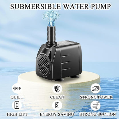 Submersible Pump, Small Fountain Pump with Tubing, Submersible Water Pump for Aquarium Fish Tank Indoor or Outdoor Pond Fountain Hydroponics Statuary (10W 160GPH, No Led Light)