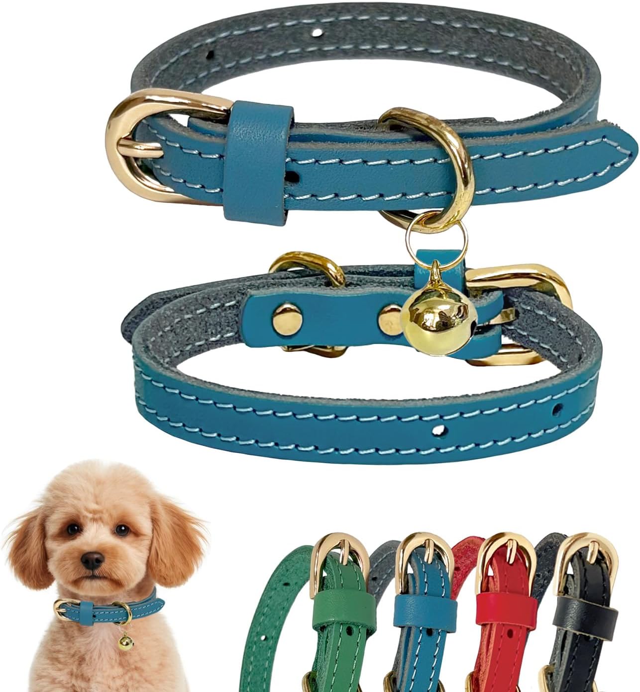 Guiding Star Leather Collar for Puppy, Cute Soft Thin Dogs Collars for Small Medium Dogs, Cat Collar with Bell (Blue, XXS, 6.2"-10")
