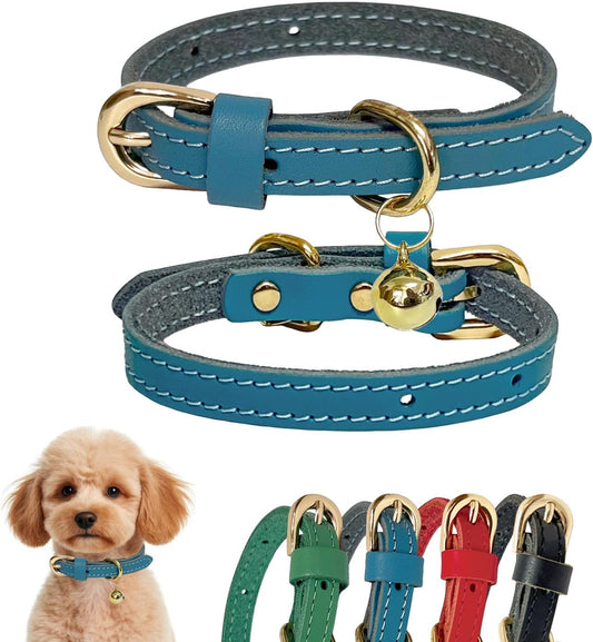 Guiding Star Leather Collar for Puppy, Cute Soft Thin Dogs Collars for Small Medium Dogs, Cat Collar with Bell (Blue, XXS, 6.2"-10")