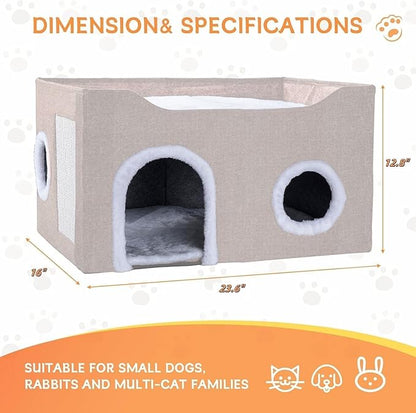 Cat House for Indoor Cats – Foldable Cat Cave & Covered Cat Bed, Cozy Hideaway for Small Pets and Large Cats (23.6"x16"x12.8"),Beige