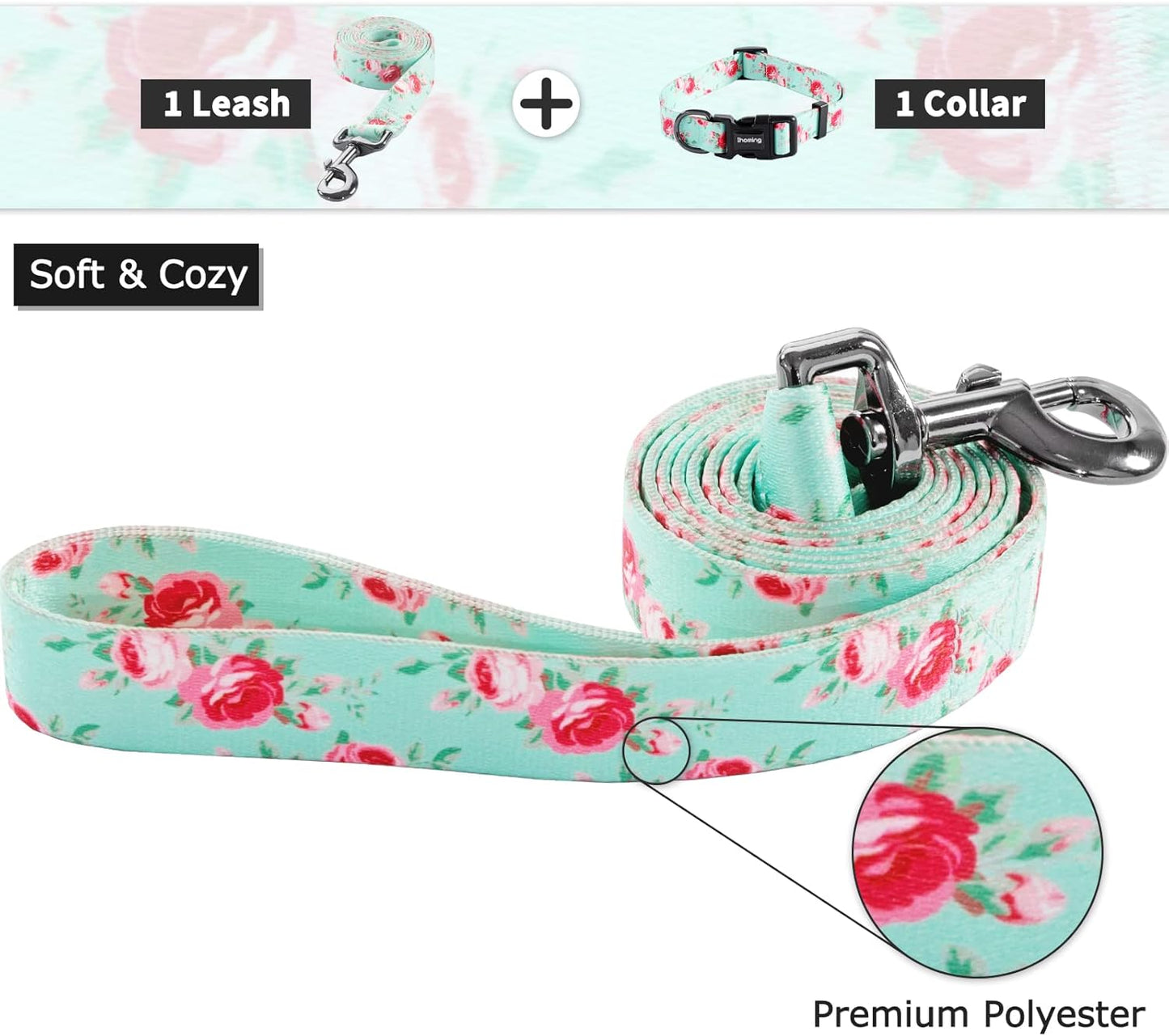 Ihoming Puppy Collar and Leash Set for Daily Outdoor Walking Running Training, Floral Spring Design for Extra Small Boys Girls Dogs Cats Pets, XS-Up to 10LBS