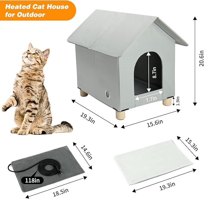 BWOGUE Large Elevated Heated Cat House for Outdoor Cats in Winter, Waterproof & Insulated Feral Cat Shelter for Outside Cats,Weatherproof Feral Cat House for Outside(Large Grey)