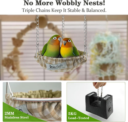 Waterproof Bird Bed with Adjustable Chain, Customizable Height Hanging Bird Hammock for Cage, Small Size Bird Nest with Durable Non-Collapsible Bottom, Bird Hut for Conures, Budgies (Khaki)