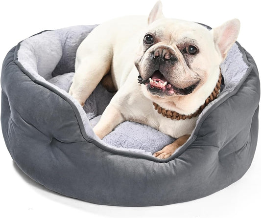 Amazon Basics Round Dog Bed for Medium Dogs, Cat Beds for Indoor Cats, Washable Pet Bed with Soft Plush Cushion, Anti-Slip Bottom, 25x21x8 Inches, Gray