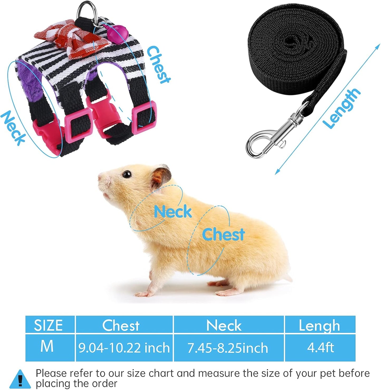 2 Pieces Hamster Harness and Leash Set for Walking, Small Guinea Pig Clothes with Bowknot Bell, No Pulling Comfort Padded Vest Striped for Guinea Pig Hamster Ferret, Small Animals (Blue, Black,M)