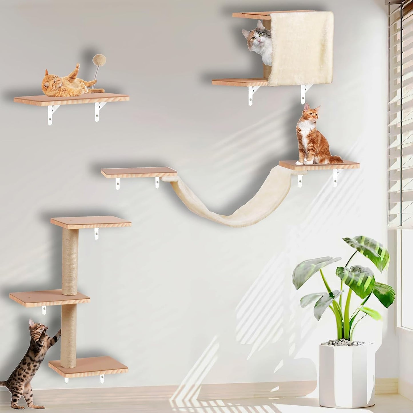 Cat Shelves for Wall，Solid Wood Cat Wall Furniture with Scratching Post,Hammock,Jumping Boards,Steps,Condo and Felt Pads, Suit for Cats Climb, Jump, Nap, Scratch-Beige