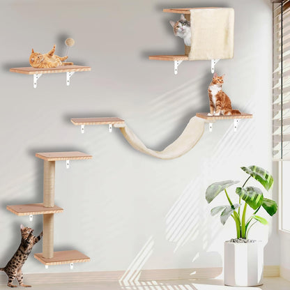 Cat Shelves for Wall，Solid Wood Cat Wall Furniture with Scratching Post,Hammock,Jumping Boards,Steps,Condo and Felt Pads, Suit for Cats Climb, Jump, Nap, Scratch-Beige