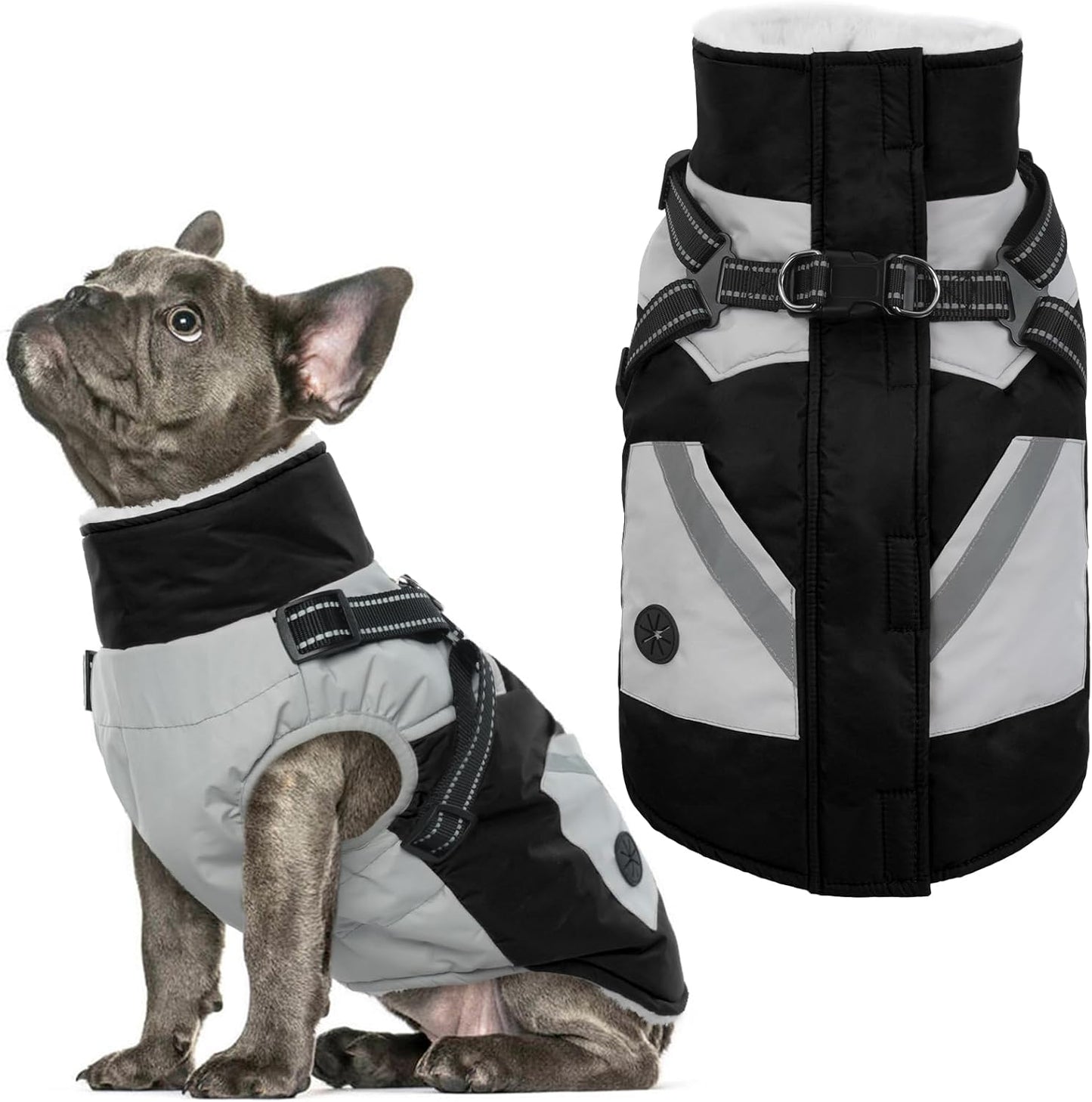 IECOii Dog Coat with Harness Built in - Black, Large - Waterproof Winter Coat, Fleece Lined Snow Jacket for Dogs