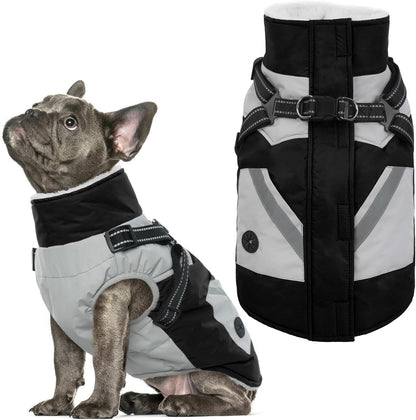 IECOii Dog Coat with Harness Built in - Black, Large - Waterproof Winter Coat, Fleece Lined Snow Jacket for Dogs