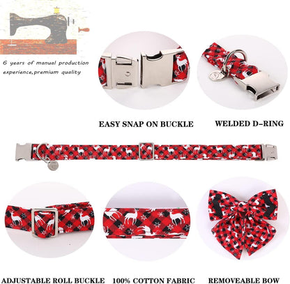DOGWONG Christmas Dog Collar with Sailor Bow, Red Plaid Deer Dog Collar Soft Durable Adjustable Cotton Puppy Collar for Small Medium Large Dog