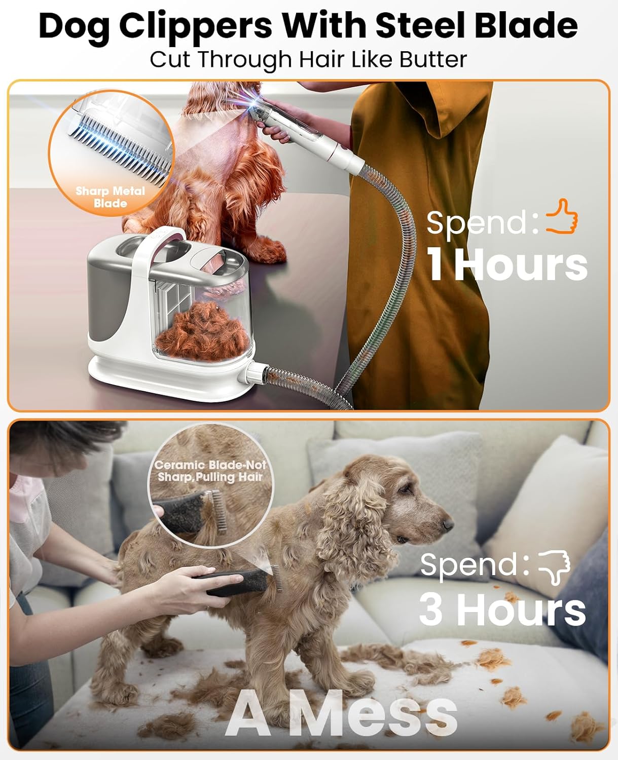 oneisall Dog Grooming Vacuum, 13000Pa Powerful 3L Dust Cup Pet Grooming Vacuum with Dog Clippers & Shedding Brush 7 Dog Grooming Kit, 3L Dust Cup, Super Quiet, 3 Suction Levels, BM3