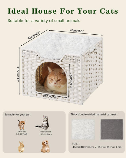 Cat Beds Indoor Kitten House, Handwoven Rattan Cat Cave Pet Cube, Large Cat Houses, One Bed Mat, Foldable, Hideaway, 16.5x16.5x13.2 Inches, 2 S-Shaped Hooks in Living Room Bedroom Gray