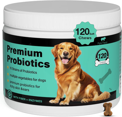 Premium Probiotics for Dogs with Digestive Enzymes & Fiber | Duck Flavor Soft Chews for Itchy Skin, Ear Health, Gut & Immune Support (Pork)