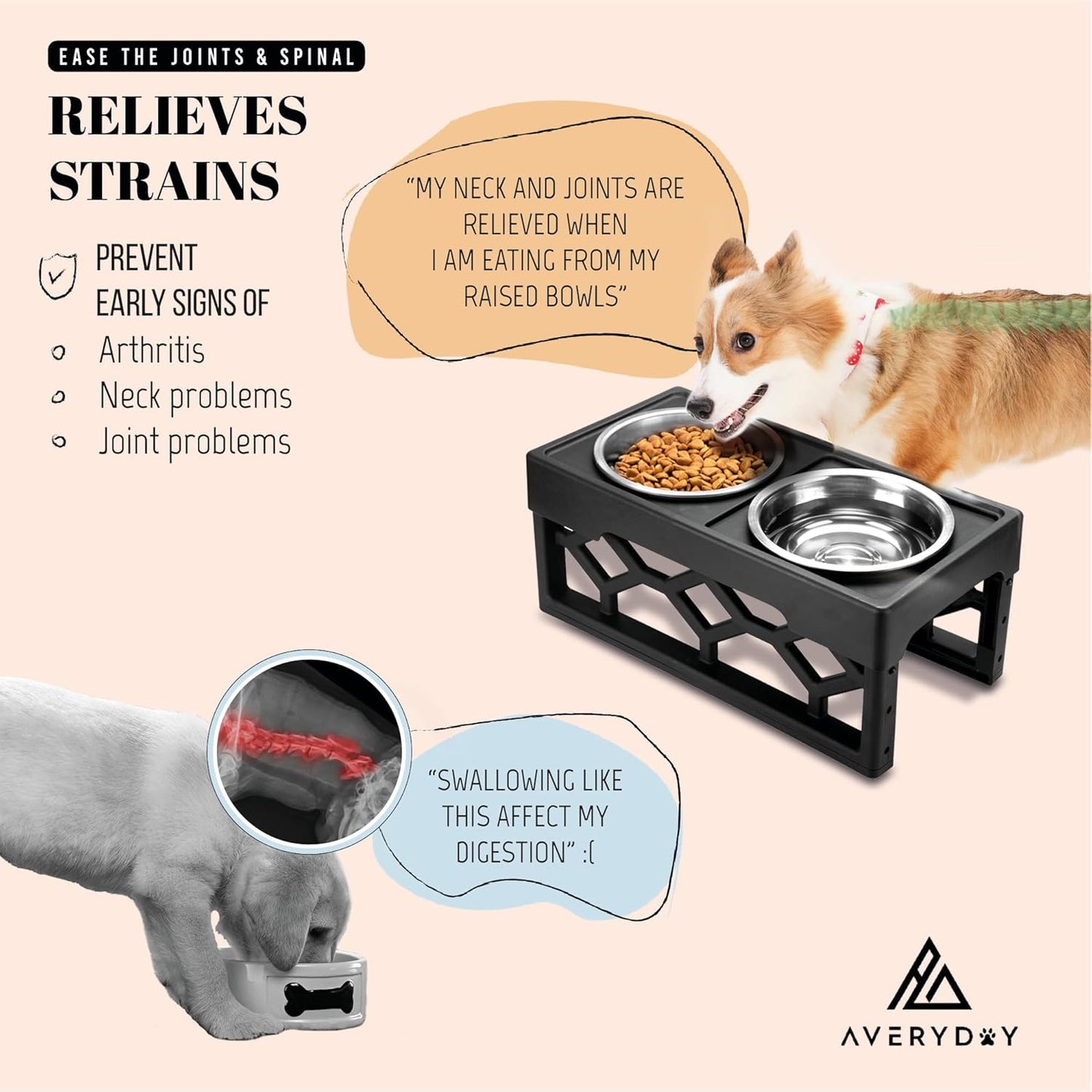 AVERYDAY Small Dog Bowls Elevated, 4 Height Adjustable Raised Dog Bowl Stand with 2 Stainless Steel Food and Water Bowls Set, Tall Dogs Feeding Station with Anti-Slip Base for Small Medium Breeds Dogs