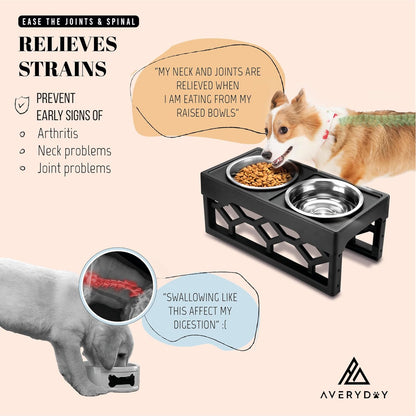 AVERYDAY Small Dog Bowls Elevated, 4 Height Adjustable Raised Dog Bowl Stand with 2 Stainless Steel Food and Water Bowls Set, Tall Dogs Feeding Station with Anti-Slip Base for Small Medium Breeds Dogs