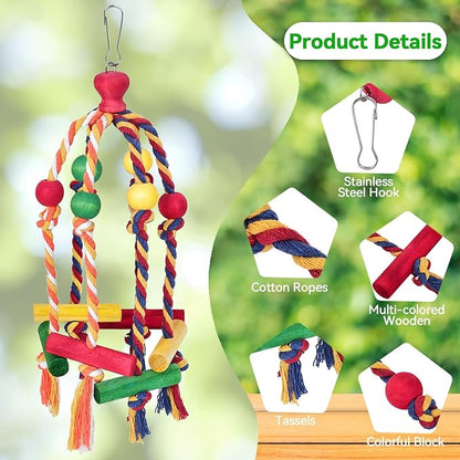 2PCS Dangly Rope Bird Toys，Medium and Small Birds Toys Multicolored Natural Wooden Bird Chewing Bird Cage Accessories for Parakeet Parrot Conure Cockatiel Budgies Lovebird Cage Toy
