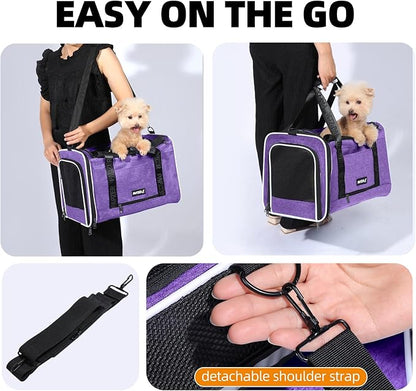 Top Open Medium Cat Carrier Roll Up Flap, Delta Approved TSA Pet Travel Crate Suitcase Luggage Sleeve, Soft-Sided Dog Kennel Bag 18"x11"x11" United, American Airline Under Plane Seat Purple