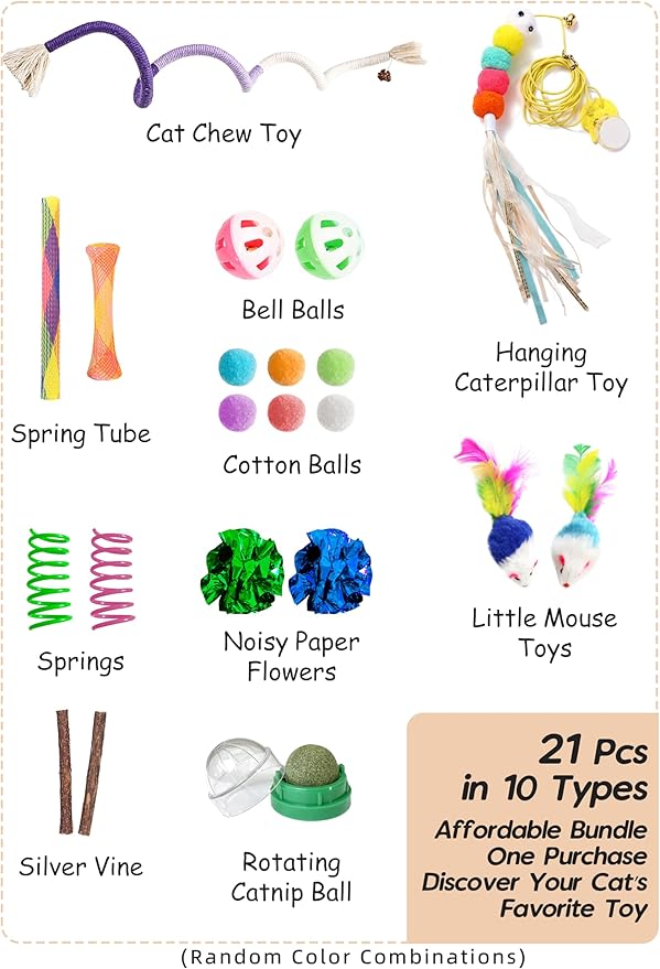 Cat Toys for Indoor Cats, 21 PCS Interactive Toy Set with Springs, Mice, Catnip Ropes, Pompom Balls, Bells, Catnip Ball, and Hanging Toys, Gift Box for Kittens and Adult Cats