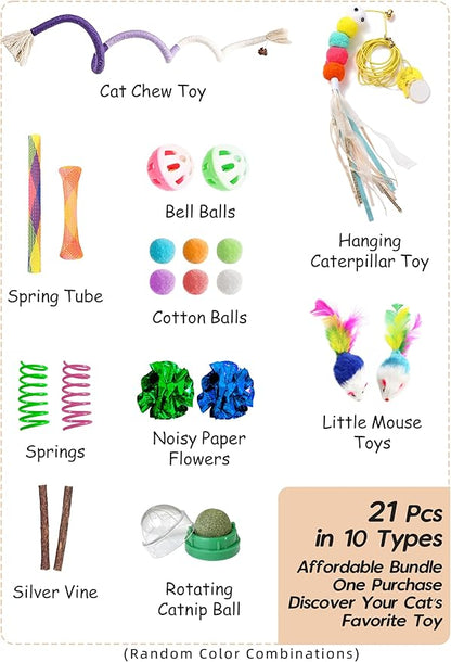 Cat Toys for Indoor Cats, 21 PCS Interactive Toy Set with Springs, Mice, Catnip Ropes, Pompom Balls, Bells, Catnip Ball, and Hanging Toys, Gift Box for Kittens and Adult Cats
