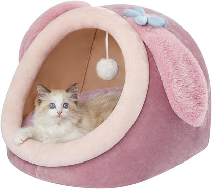 Jiupety Cute Cat Bed for Indoor, Cats Warm Soft Cave Fit for Cat Up to 16 Lb and Puppy, Pink Rabbit, M