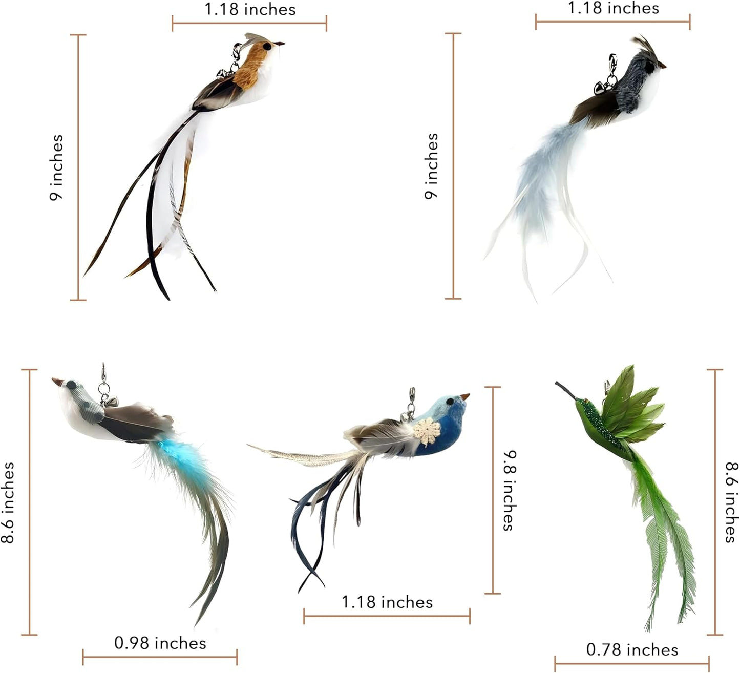 Deluxe Bird Replacement Heads for Cat Toys - Set of 5 - Realistic Feather Designs Including Blue Floral, Two-Tone, Traditional, Black & White, Green Hummingbird - Easy Clip-On