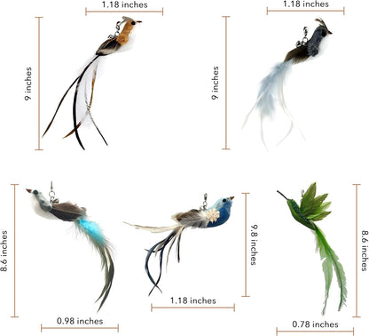 Deluxe Bird Replacement Heads for Cat Toys - Set of 5 - Realistic Feather Designs Including Blue Floral, Two-Tone, Traditional, Black & White, Green Hummingbird - Easy Clip-On