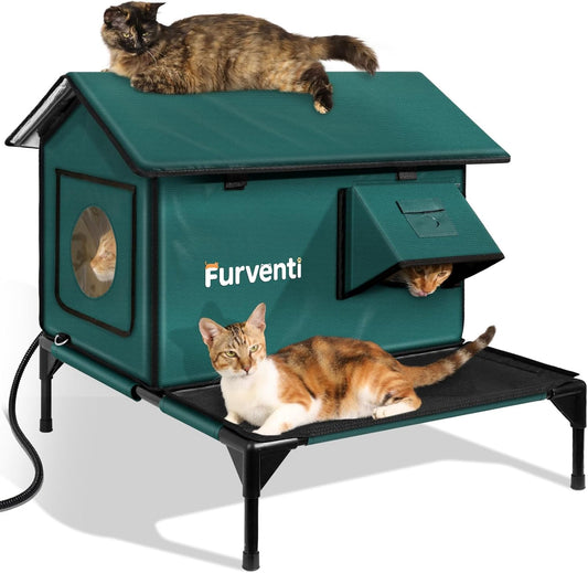 Heated Cat House for Outside,More Platform Space,Extremely Weatherproof & Insulated in Winter,Elevated Outdoor Cat Shelter with Eaves & Escape Door for Barn Feral Stray Cat(Dark Green,Large)