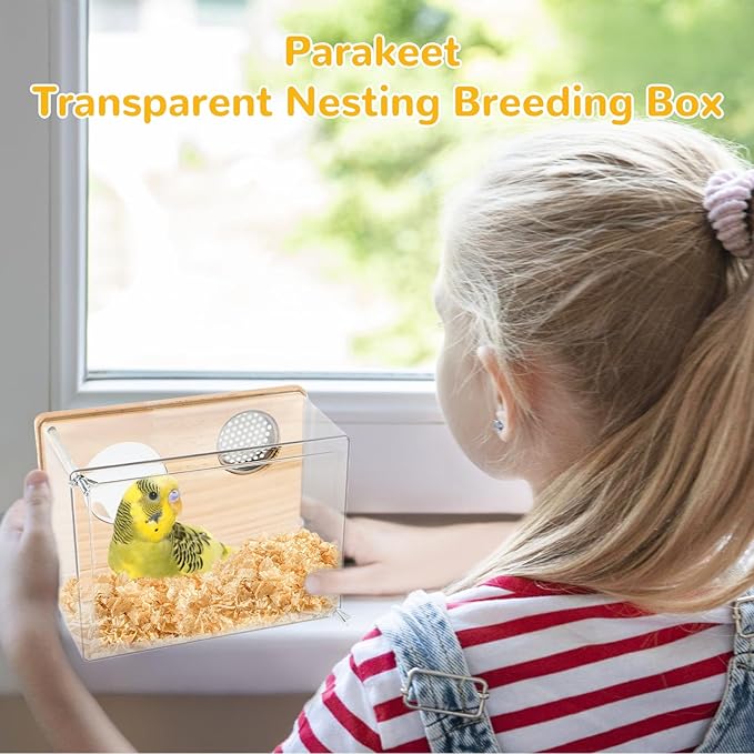 Parakeet Nesting Box for Cage, Transparent Acrylic Bird Nesting Box Bird Nest Clear Design, Bird House with Perch Breeding Box with Wood for Lovebird, Parakeet,Budgie, Parrot